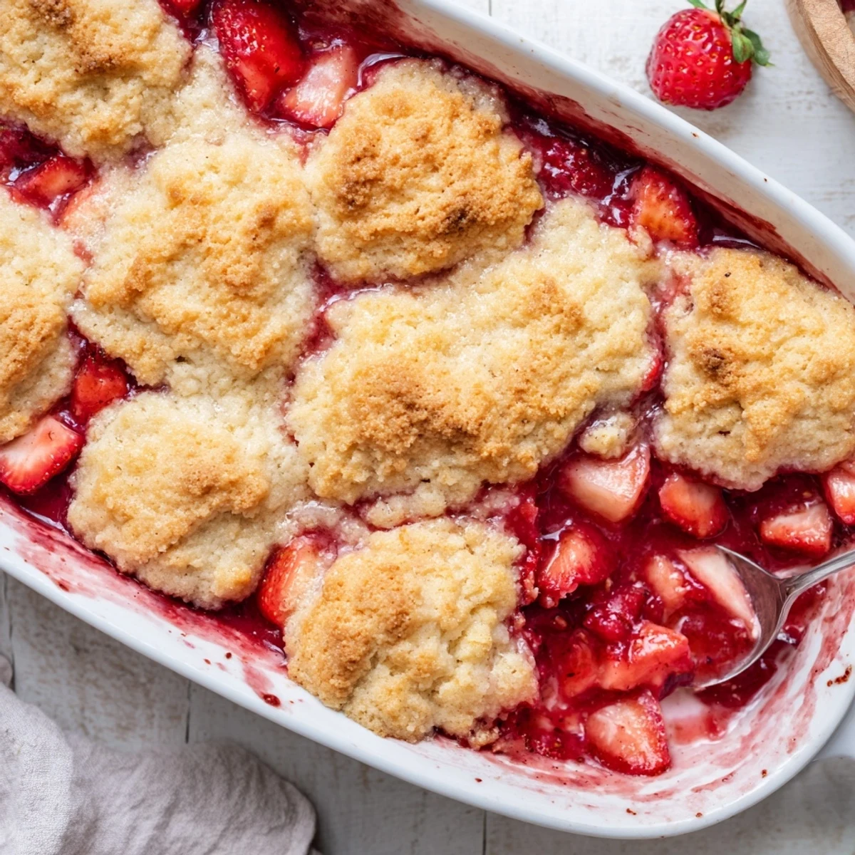 Golden fresh strawberry cobbler bubbling with sweet red fruit under tender biscuit topping
