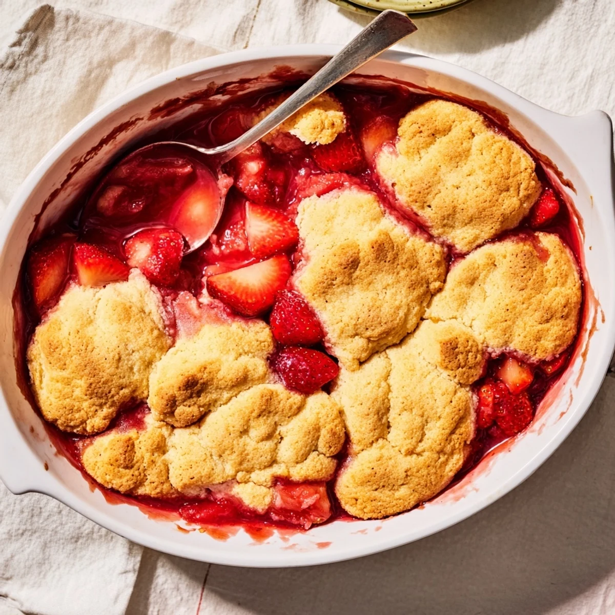 Baked fresh strawberry cobbler dessert with juicy berries peeking through flaky golden crust