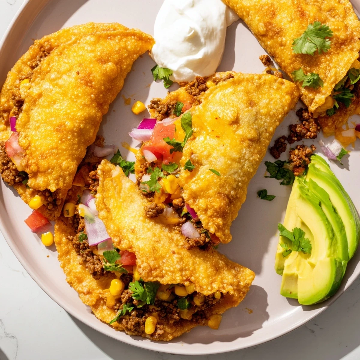 Golden crispy Mexican taco pockets filled with seasoned beef and melted cheddar cheese