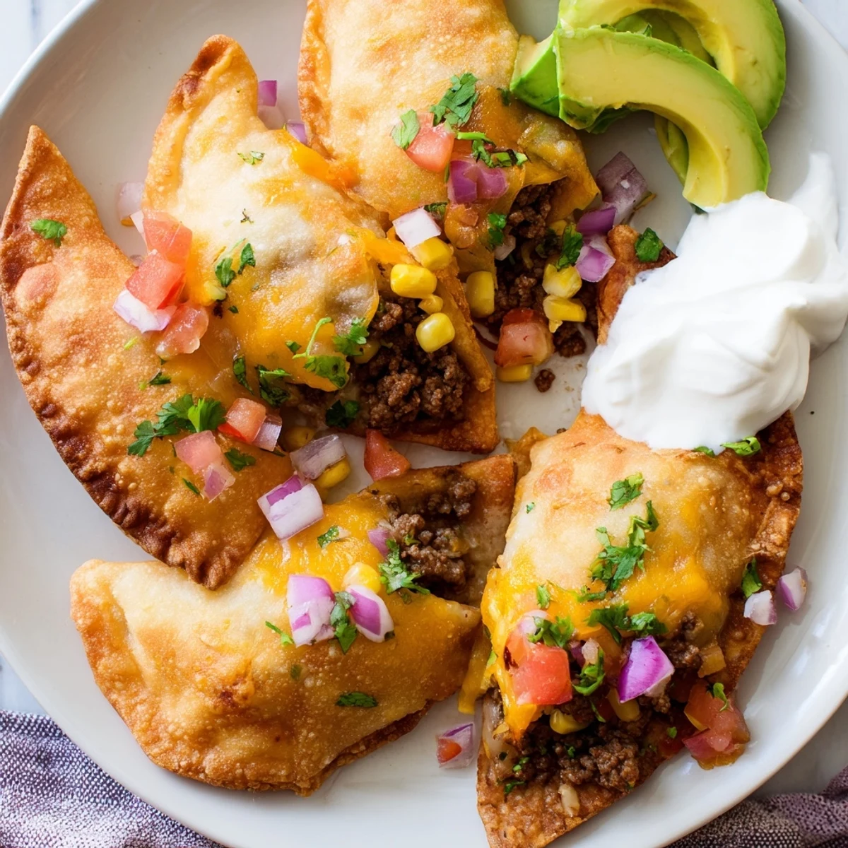 Fried spicy taco pockets cut open revealing savory beef and vegetable filling
