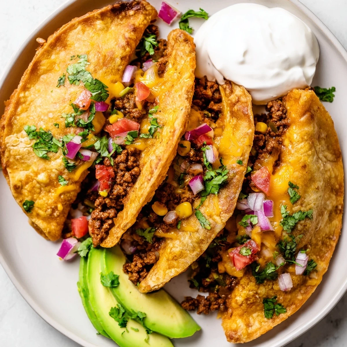 Plate of golden Mexican taco pockets served with sour cream and fresh lime wedges