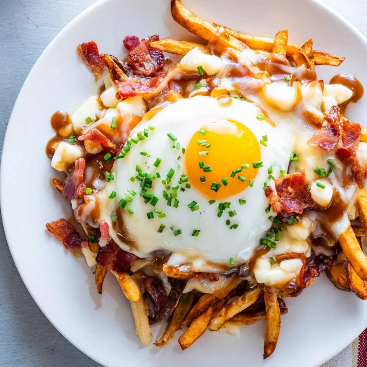 Golden crispy breakfast poutine topped with melty cheese curds, savory gravy, and perfectly fried eggs