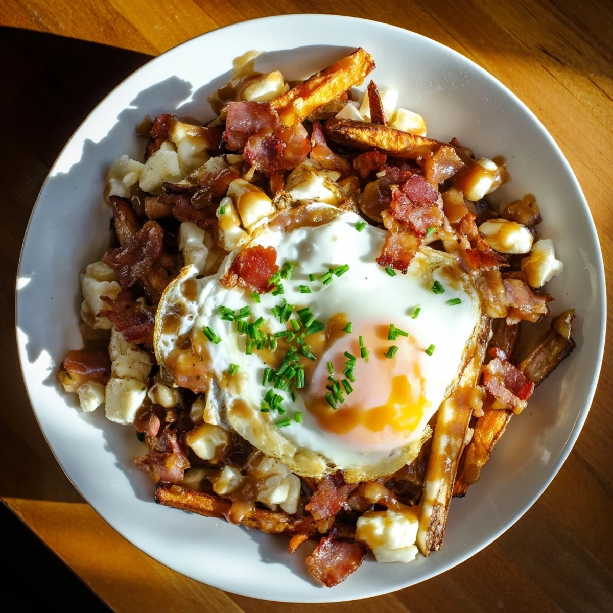 Decadent breakfast poutine bowl loaded with cheese curds, golden potatoes, and a runny egg topping