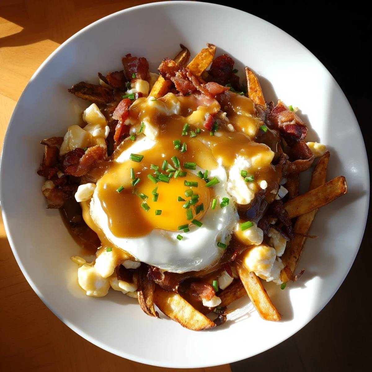 Hearty ultimate breakfast poutine featuring smoky bacon, rich beef gravy, and fluffy eggs over crispy fries