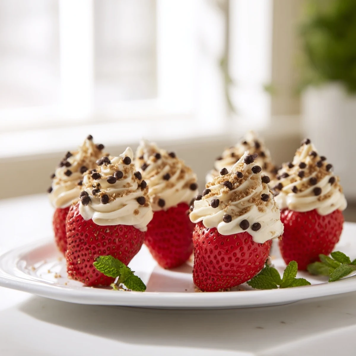 Fresh juicy strawberries piped with creamy cheesecake filling topped with graham cracker crumbs
