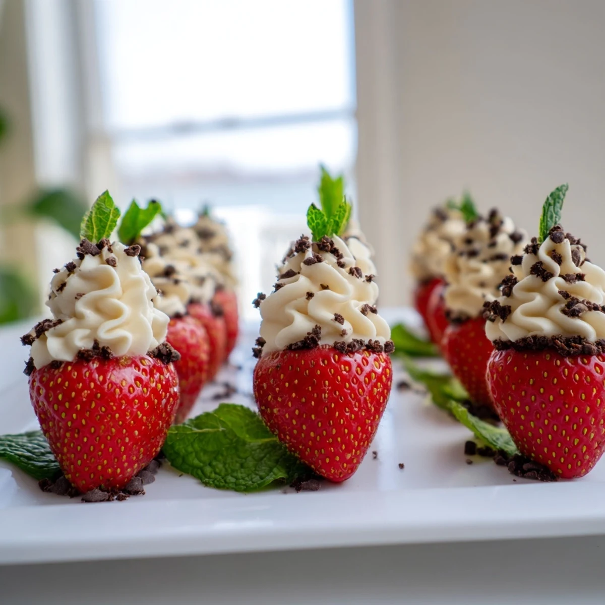 Romantic sweetheart cheesecake deviled strawberries arranged on serving platter with mint garnish