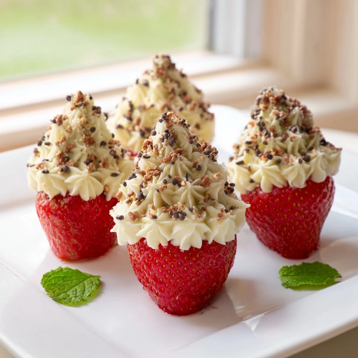 Plump red strawberries filled with smooth vanilla cheesecake mixture and decorative swirl topping