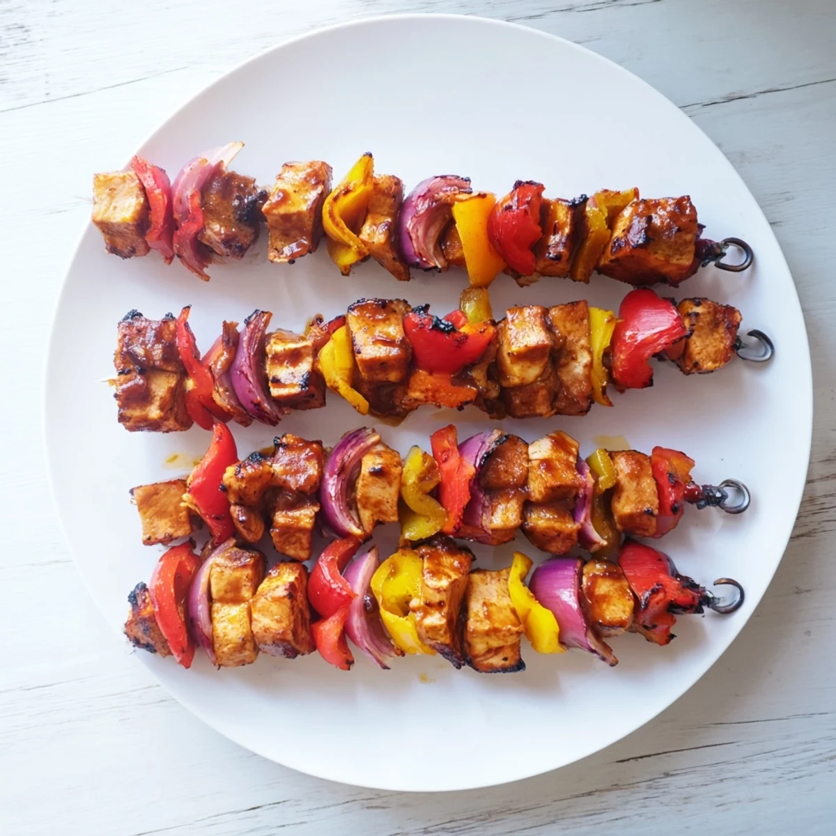 Savory grilled chicken skewers coated in sweet honey garlic BBQ sauce with colorful vegetables
