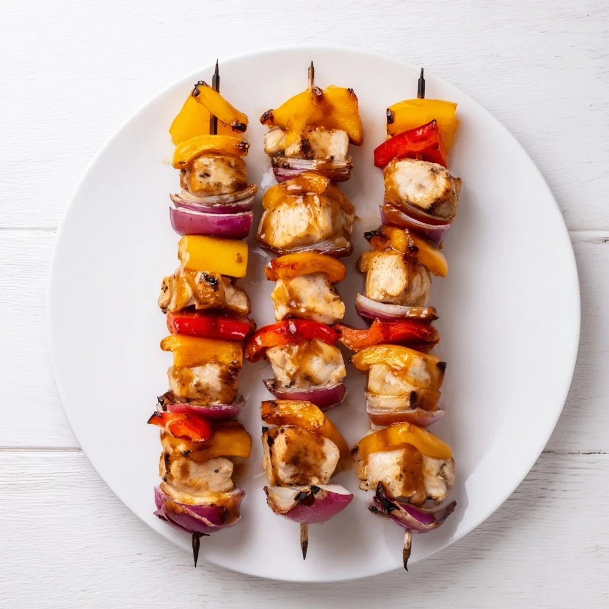 Juicy chicken pieces threaded on skewers basted with sticky honey garlic BBQ glaze
