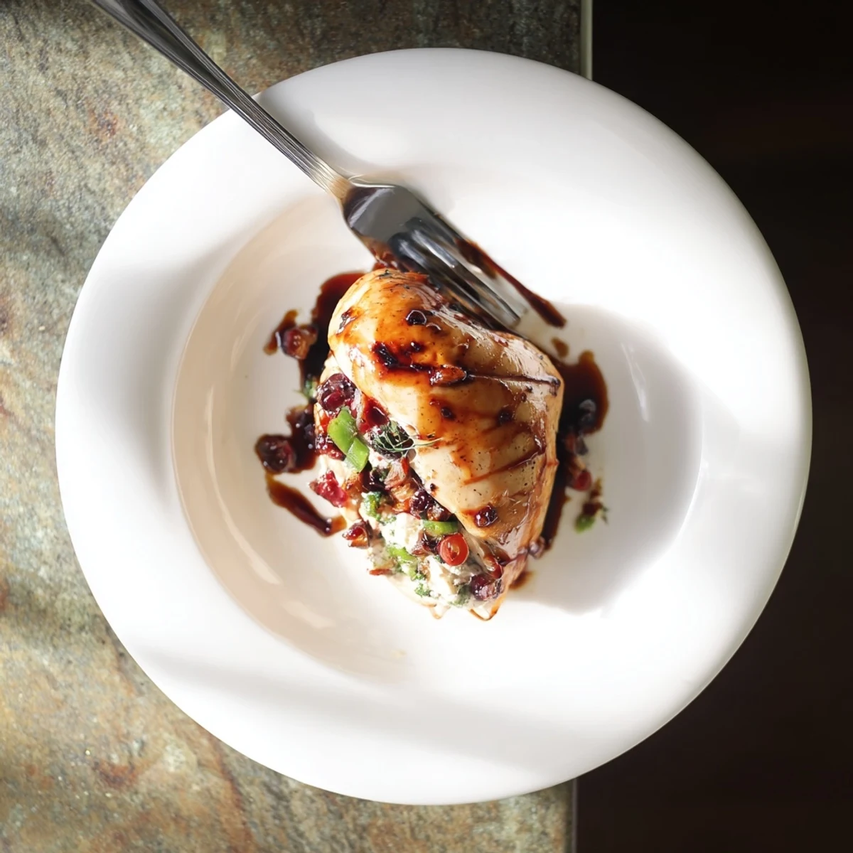Savory roasted chicken sliced to reveal sweet spicy blackberry and cream cheese center