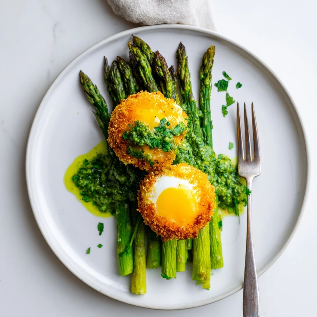 Golden crispy egg yolks nestled atop tender grilled asparagus with vibrant green herb sauce drizzled generously over the plate