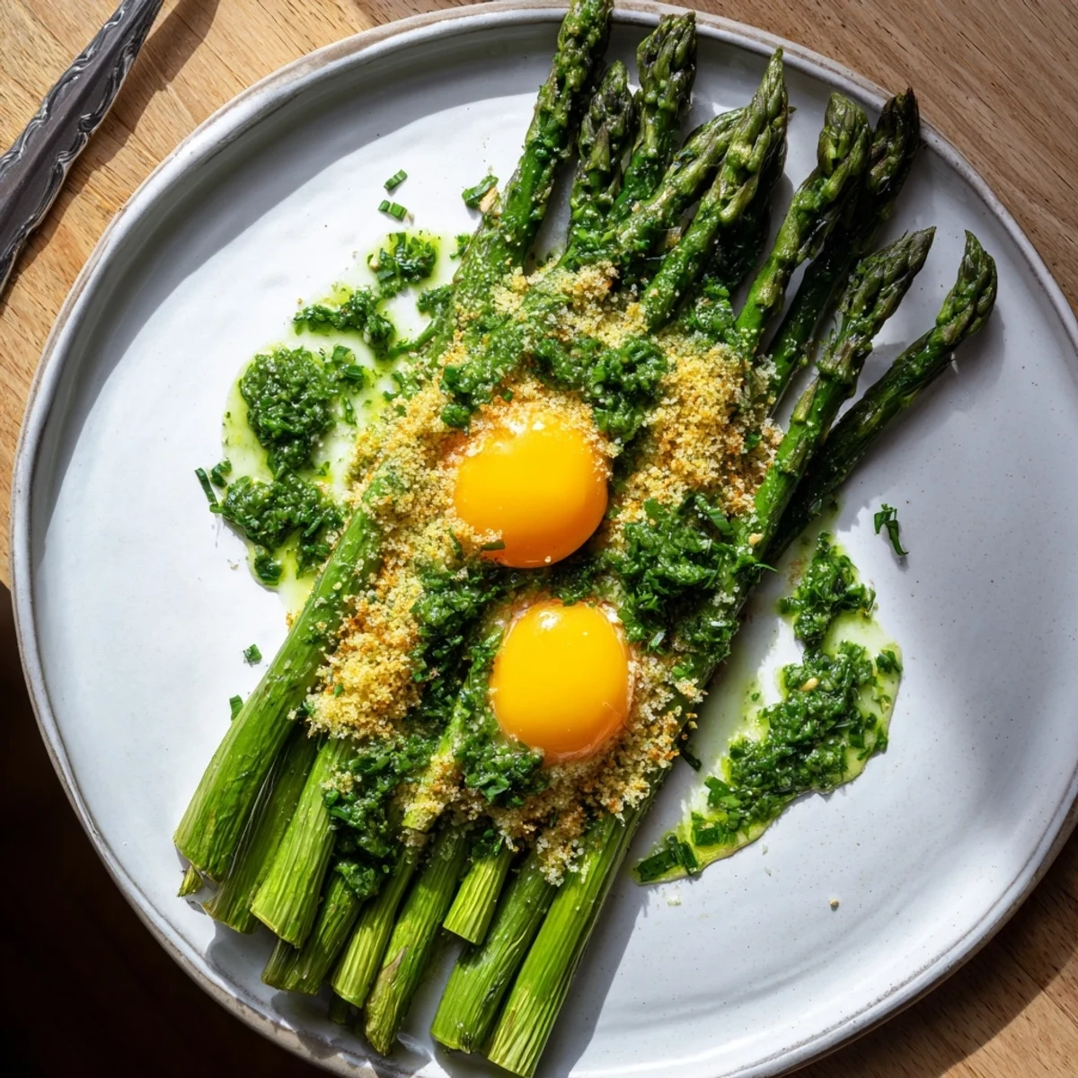 Restaurant-style golden crispy egg yolks served on charred asparagus spears finished with bright fresh herb sauce and lemon zest