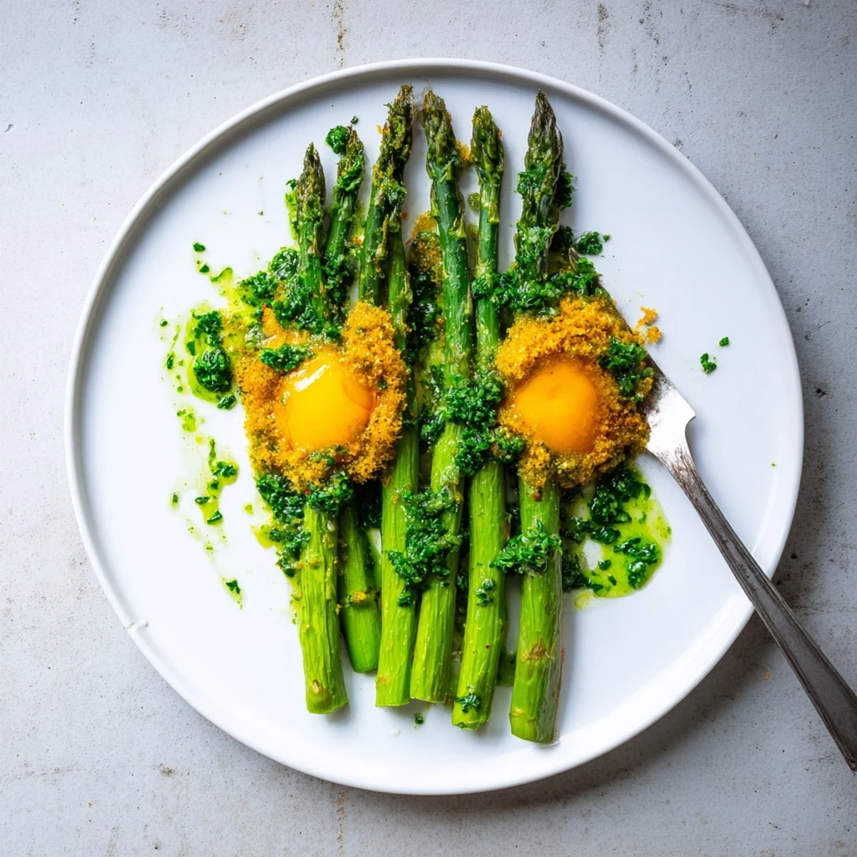 Crispy fried egg yolks arranged over grilled asparagus with a creamy parsley tarragon sauce drizzled across the appetizer platter