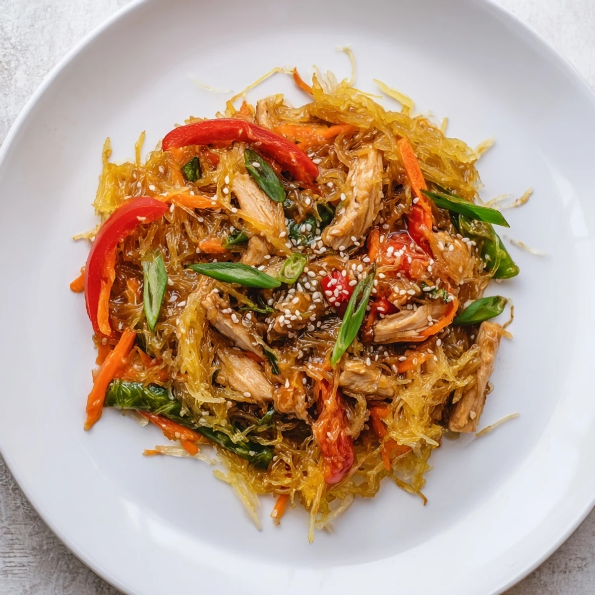 Golden roasted spaghetti squash strands tossed with tender chicken and colorful crisp vegetables in savory Asian-style sauce