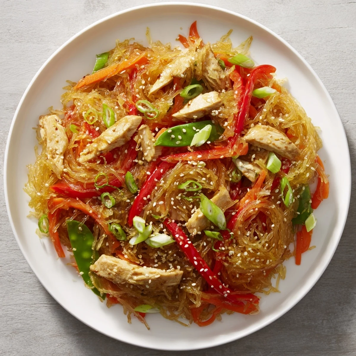 Gluten-free spaghetti squash chicken chow mein piled high in a bowl with snap peas carrots and sesame seed garnish