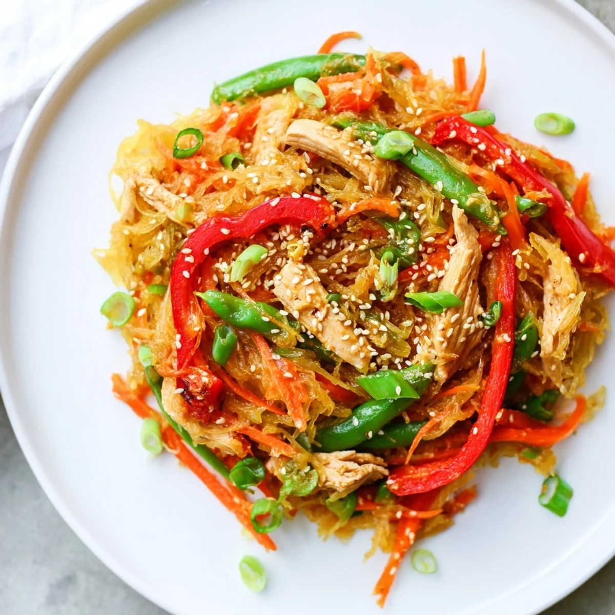 Steaming plate of low carb spaghetti squash chicken chow mein featuring shredded squash noodles with bell peppers and sliced green onions