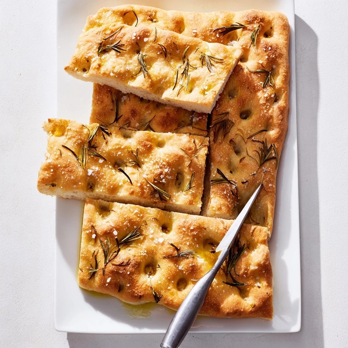 Italian focaccia flatbread with dimpled surface, herbs, and olive oil drizzle, ready for serving