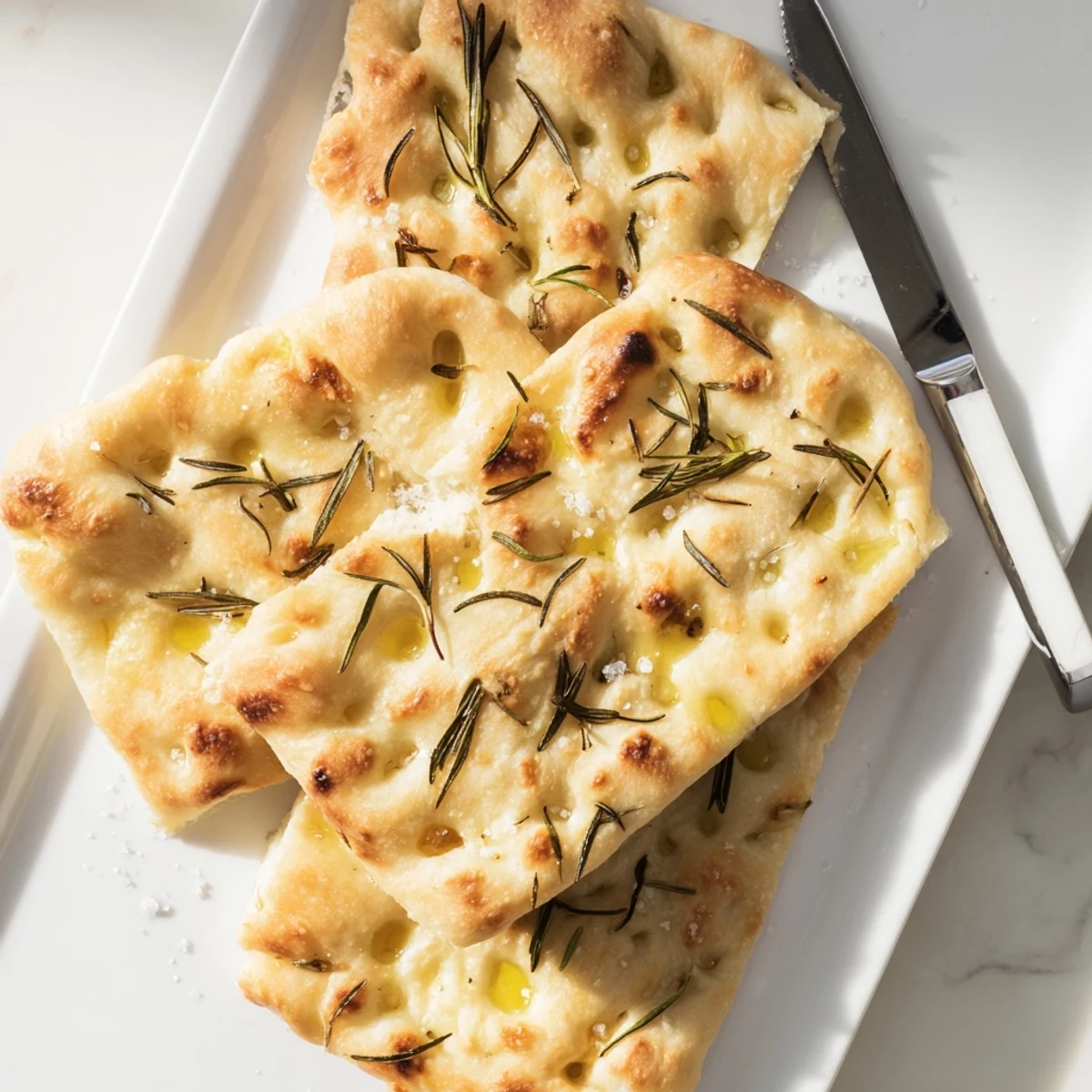 GoldenGolden focaccia bread topped with fresh rosemary and coarse sea salt on wooden board