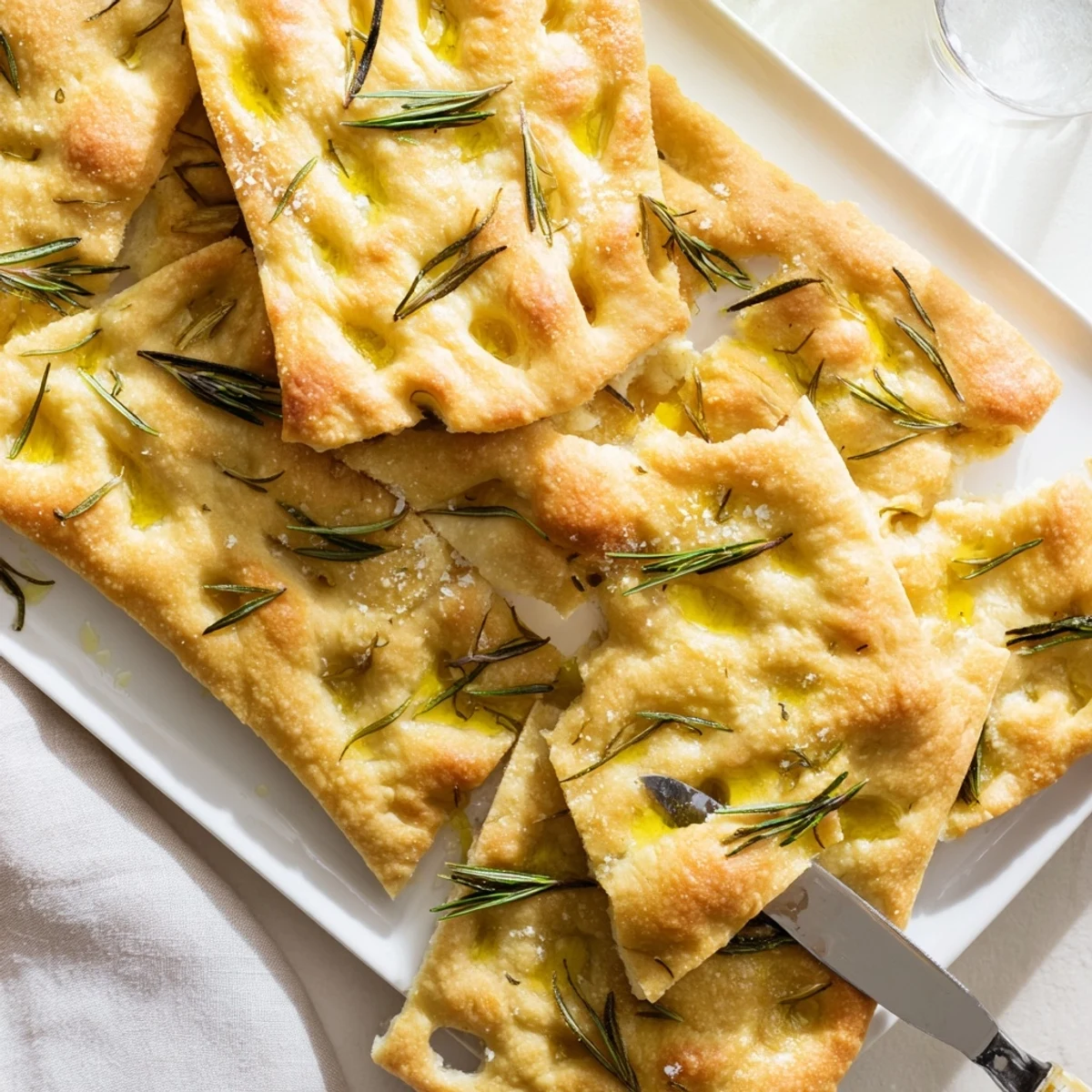 Homemade focaccia baking in oven, golden brown with rosemary sprouts scattered across top