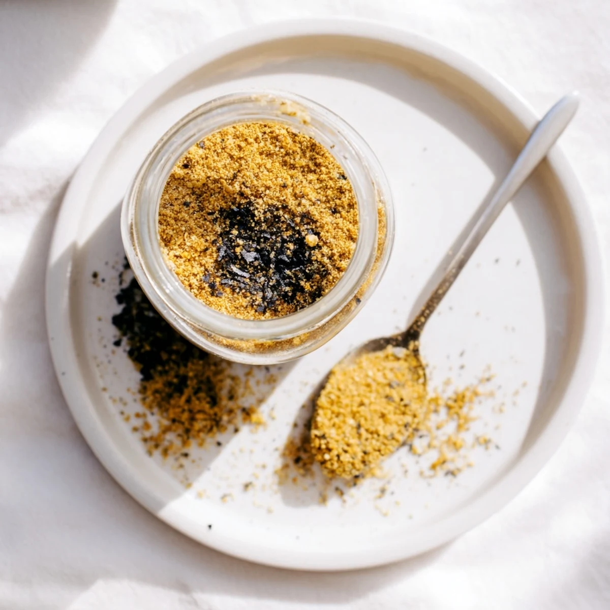 Glass jar filled with homemade gluten free ramen seasoning blend surrounded by scattered spices