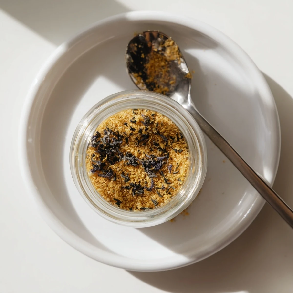 Spoon scooping aromatic gluten free ramen seasoning mix from small white bowl onto wooden surface