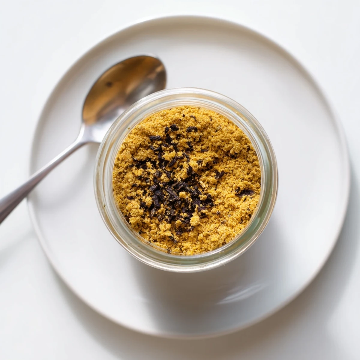 Close-up of golden brown gluten free ramen seasoning powder with measuring spoon and dried ingredients