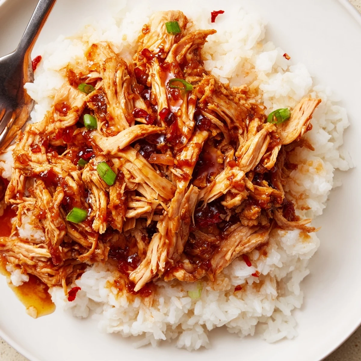 Crockpot Honey Garlic Chicken glazed with sticky honey sauce over steamed white rice.