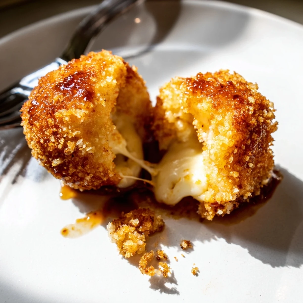 Hot, golden Irresistible Crispy Mozzarella Poppers With Maple Glaze drizzled, ready to share