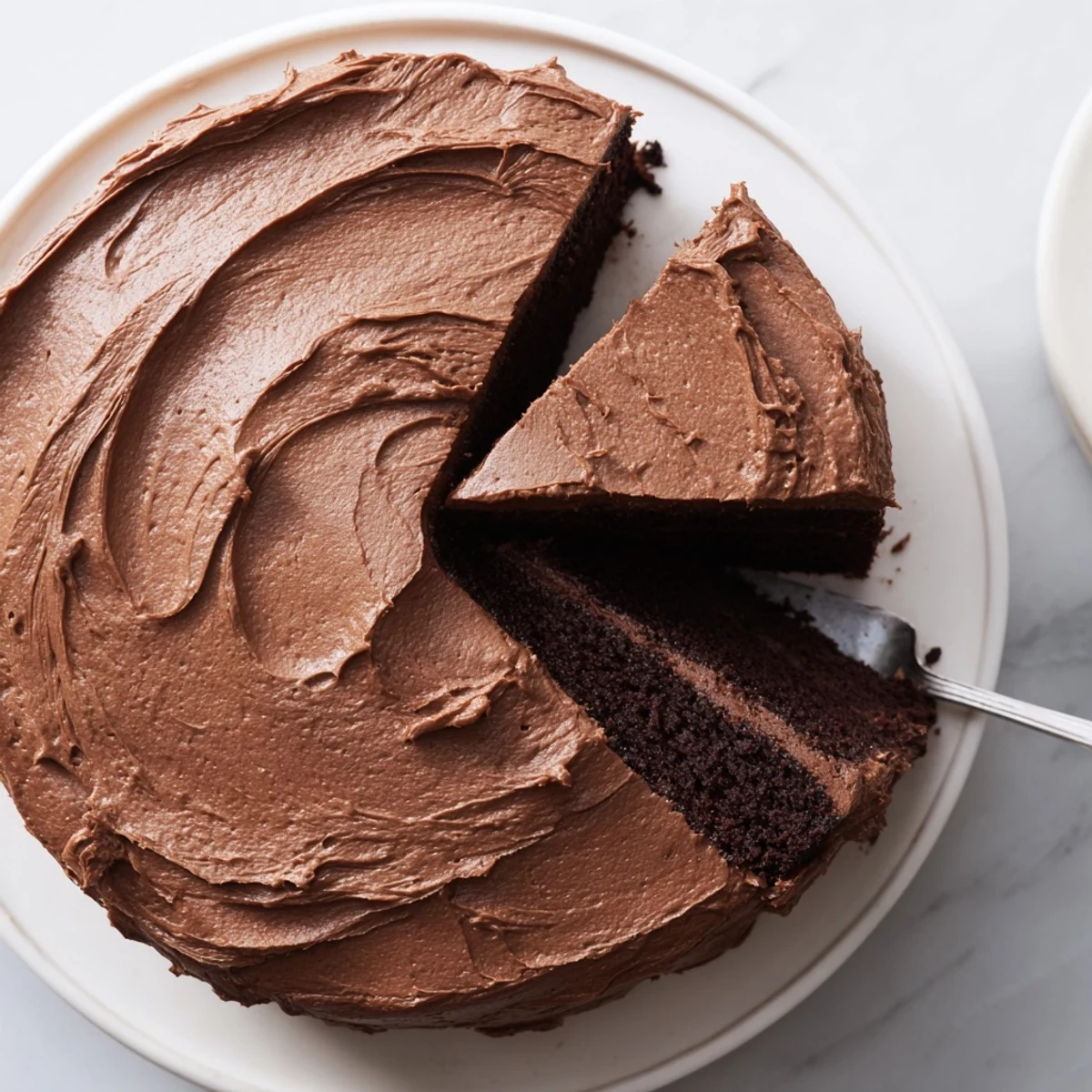Moist chocolate cake recipe sliced on plate, rich frosting and crumbs  