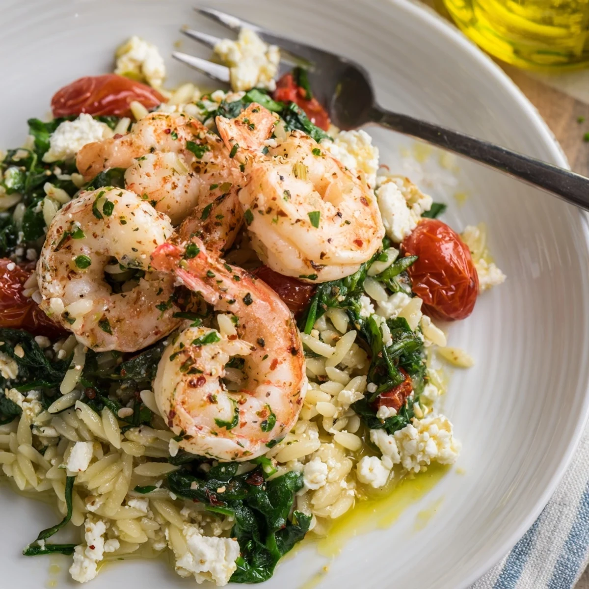 Lemon Feta Orzo Shrimp sizzling in skillet with bright lemon zest and parsley