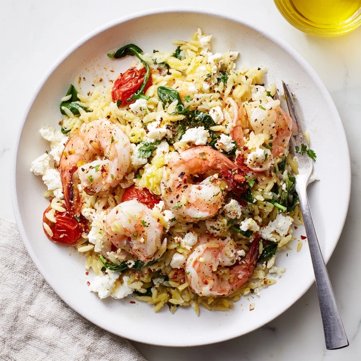 Creamy Lemon Feta Orzo Shrimp tossed with cherry tomatoes and wilted spinach