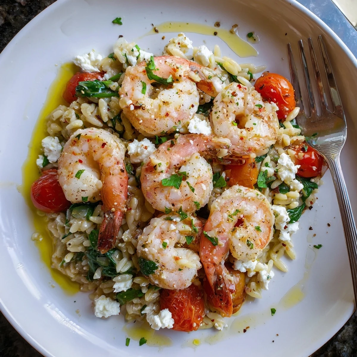 Warm Lemon Feta Orzo Shrimp served with crumbled feta and a lemon wedge