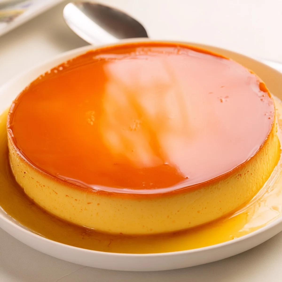 A chilled Flan Napolitano slice glistening, velvety custard and caramel drizzle.