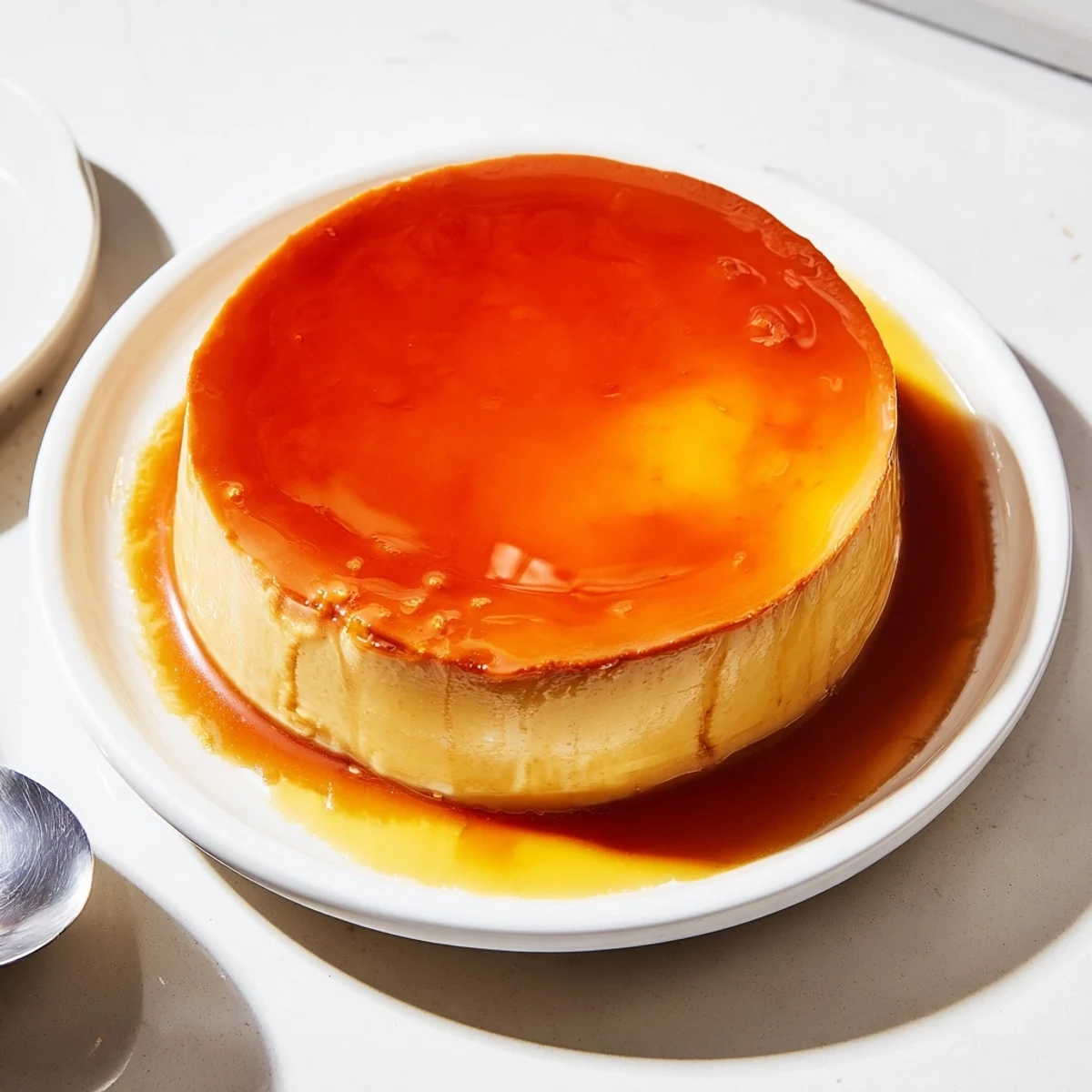 Silky Flan Napolitano topped with amber caramel, served with fresh berries.