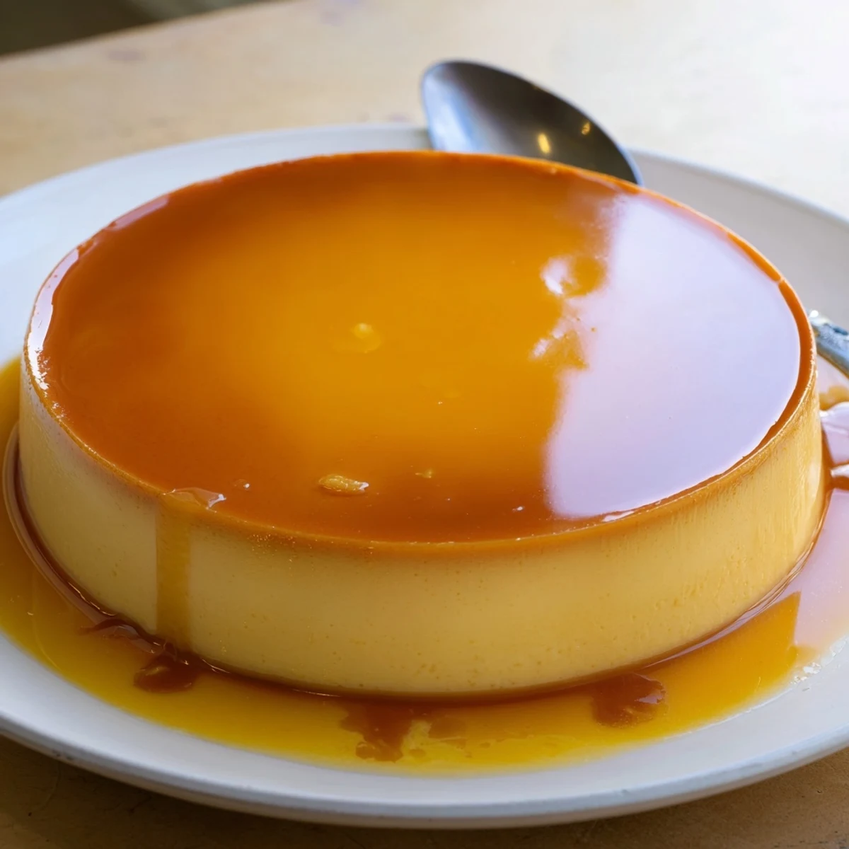 Flan Napolitano fresh from bain-marie, cream-cheese richness and espresso pairing.