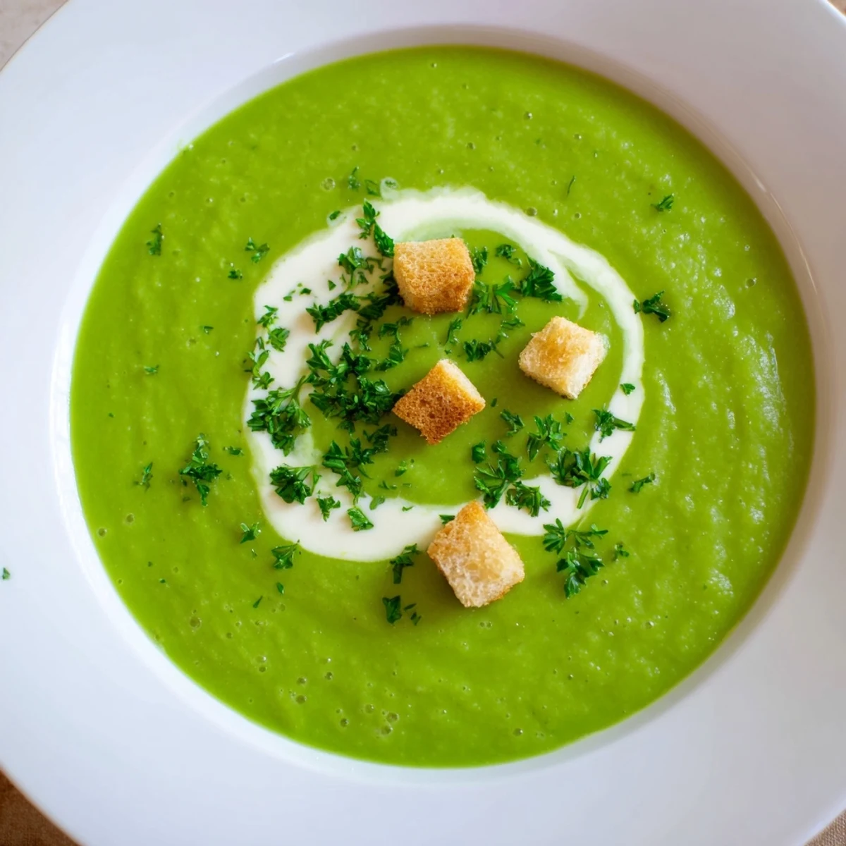 Creamy Pea Soup garnished with crème fraîche and parsley, steaming bowl  