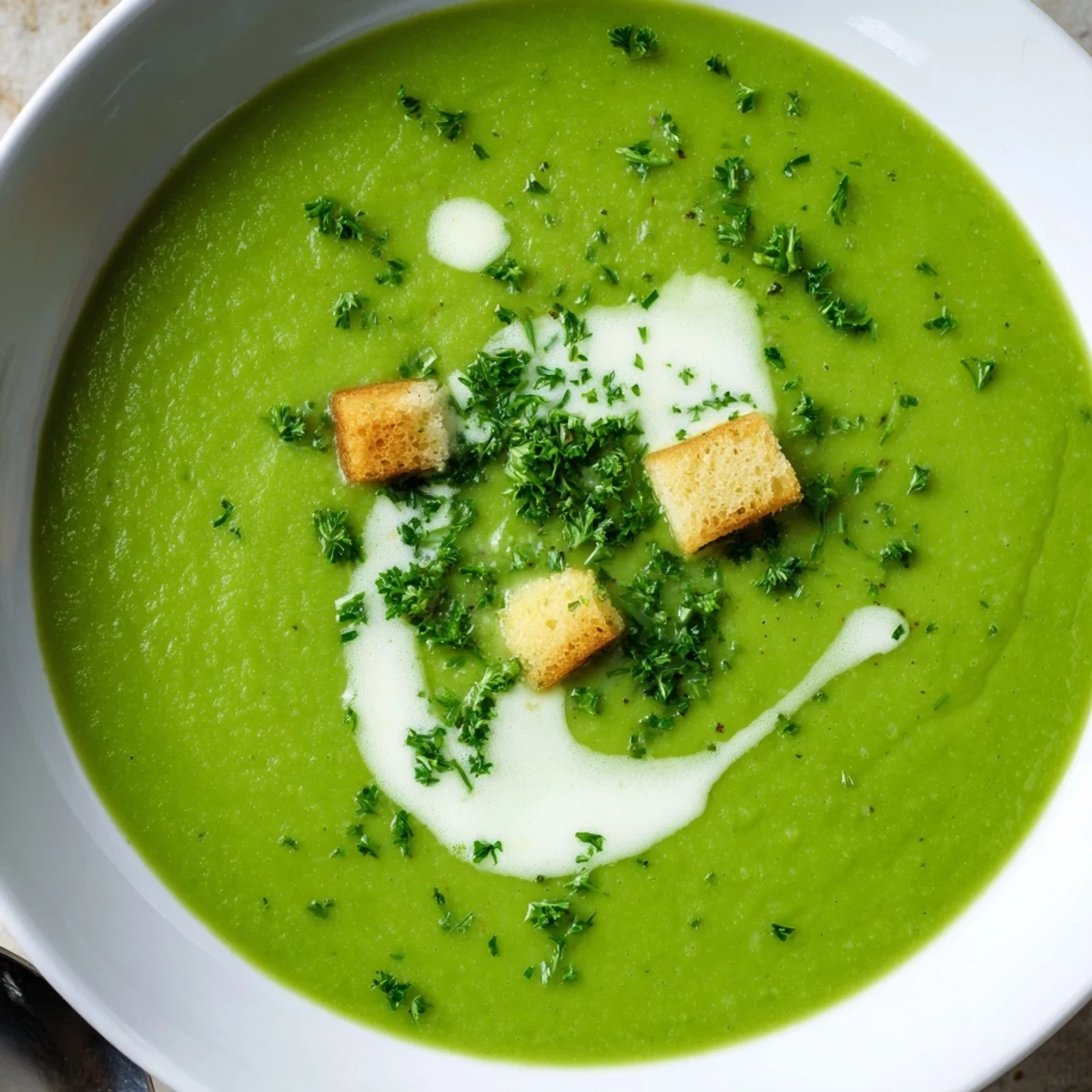 Bright green Pea Soup puréed silky, savory herb aroma, served with croutons  