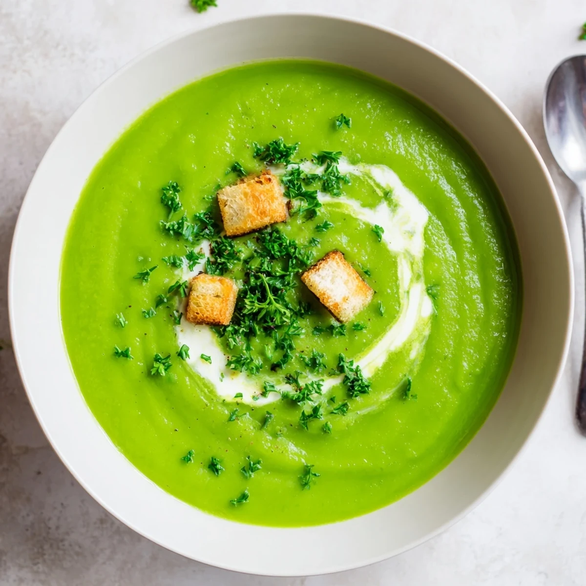 Hearty Pea Soup simmered with carrots and celery, topped with parsley