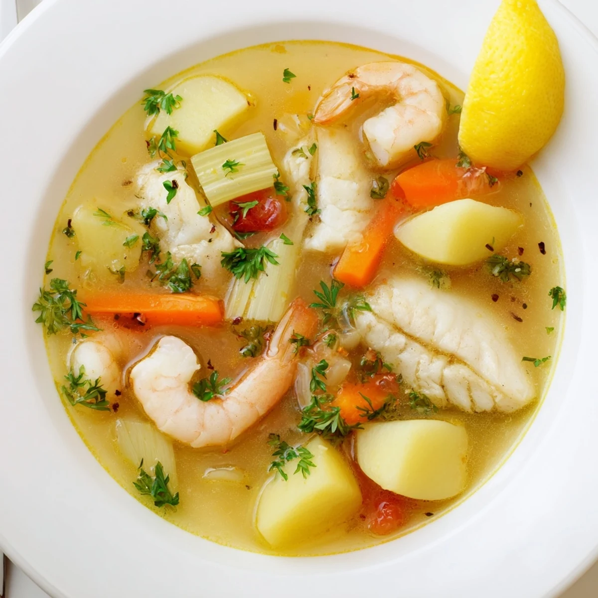 Hearty Fish Soup steaming in a bowl with flaky cod, herbs, lemon wedge