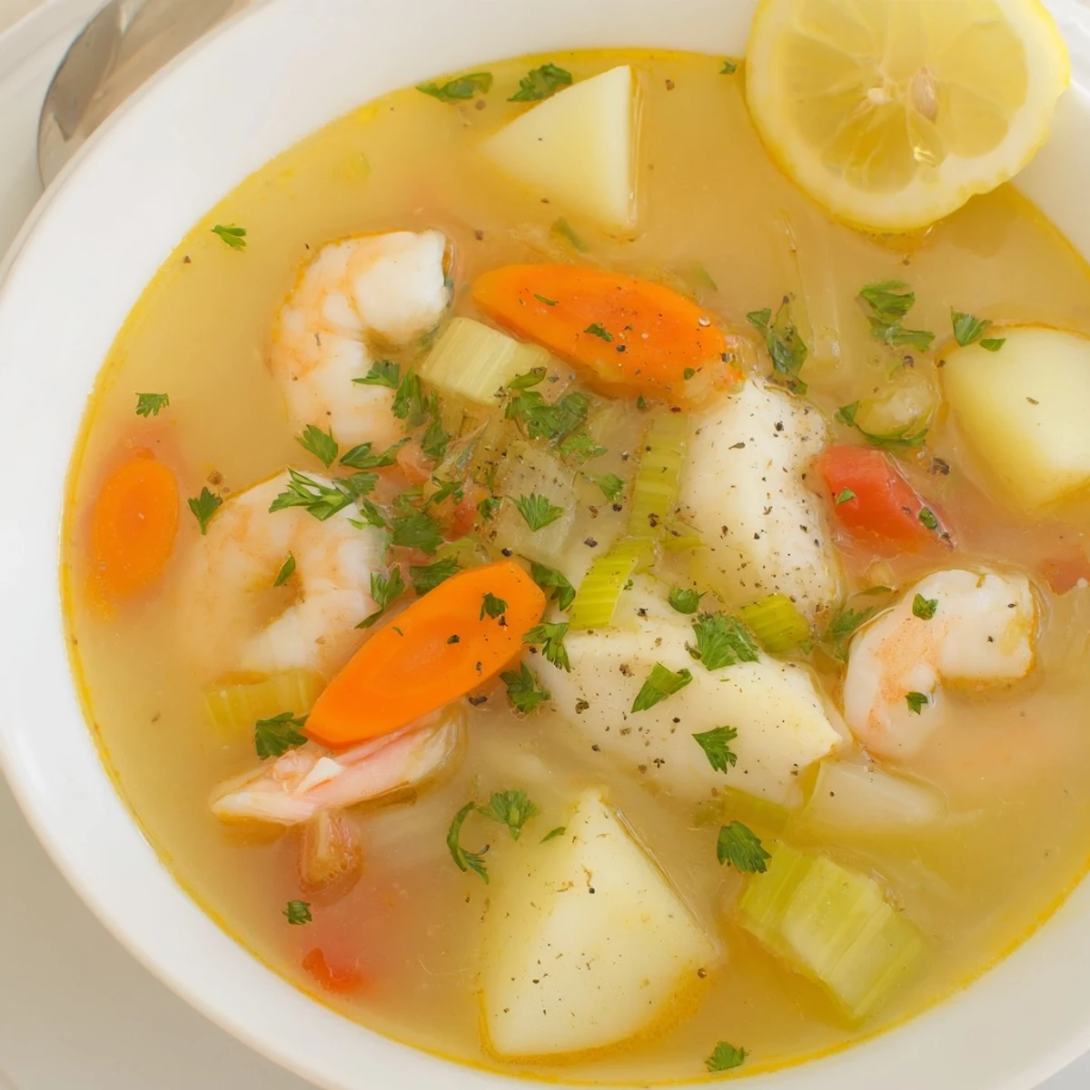 Dairy-free Fish Soup brimming with tender potatoes, sliced leek, carrots, fragrant parsley