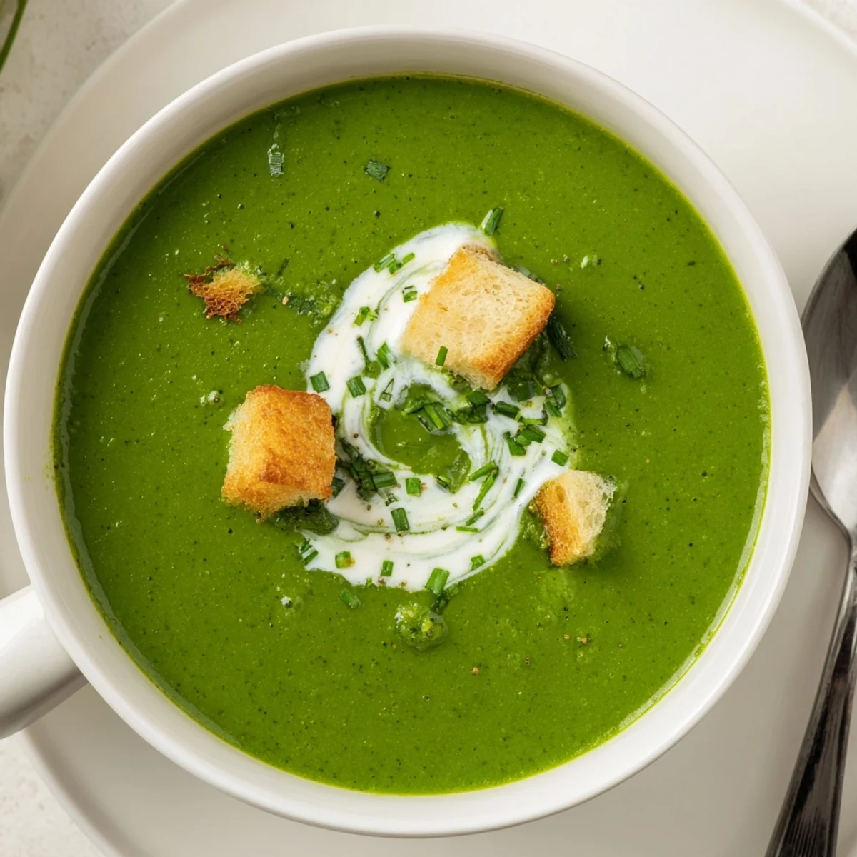 Creamy Spinach Soup steaming in bowl, bright green, garnished with cream.