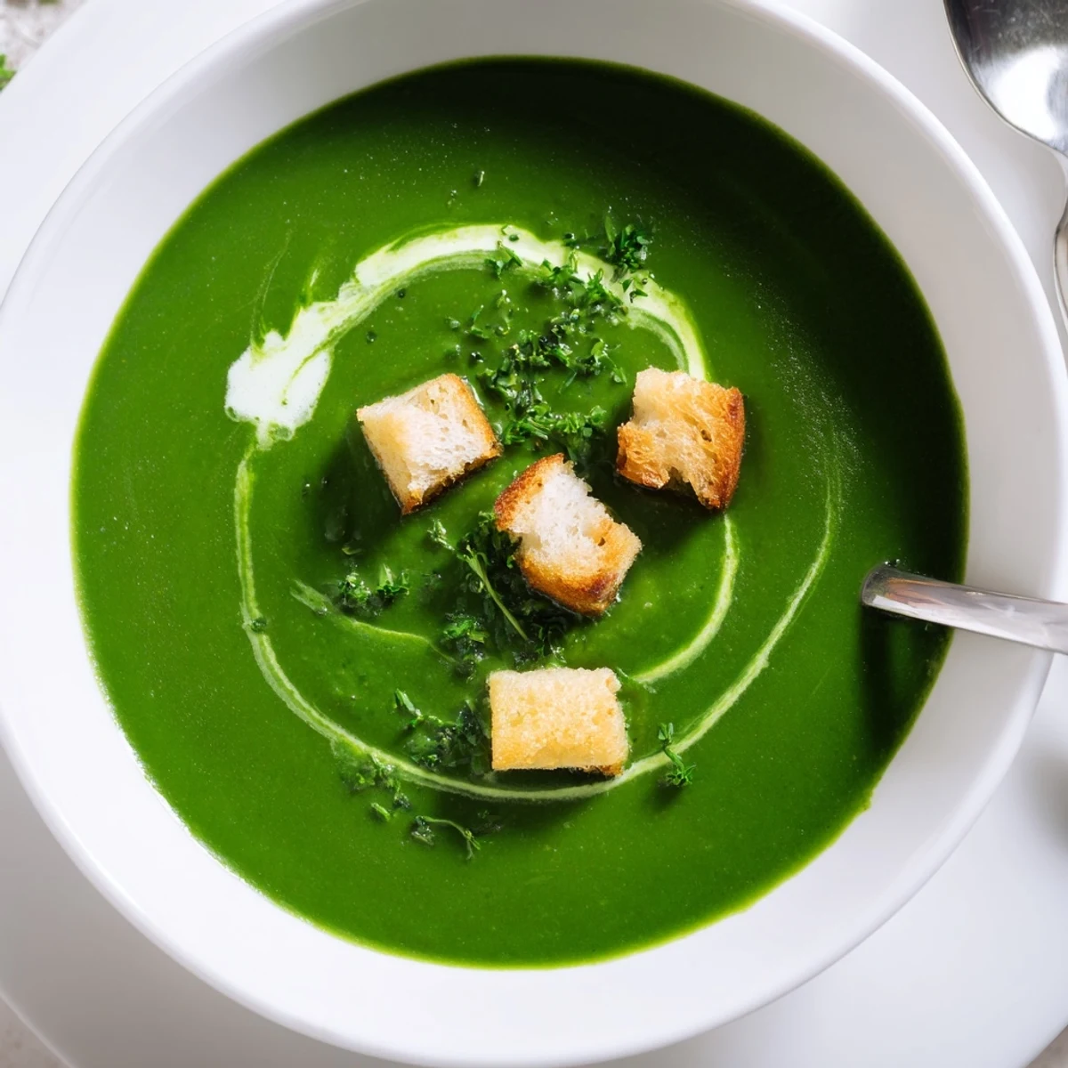 Velvety Spinach Soup blended smooth, warmed with nutmeg, served with croutons.