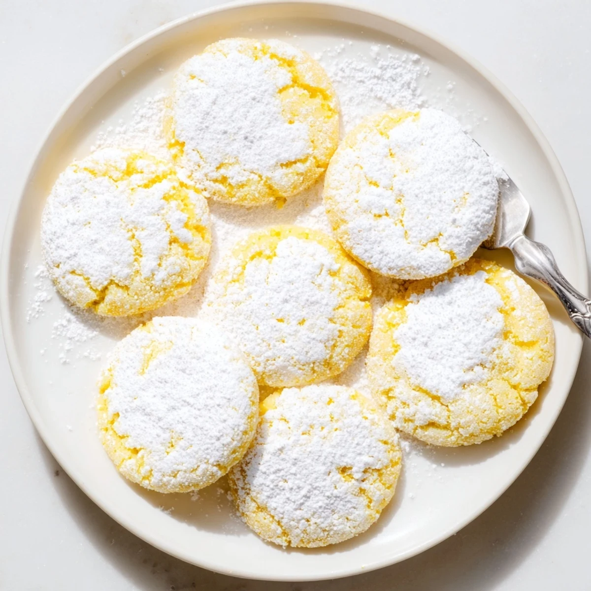 Soft lemon pixie cookies dusted with white powdered sugar on a cooling rack