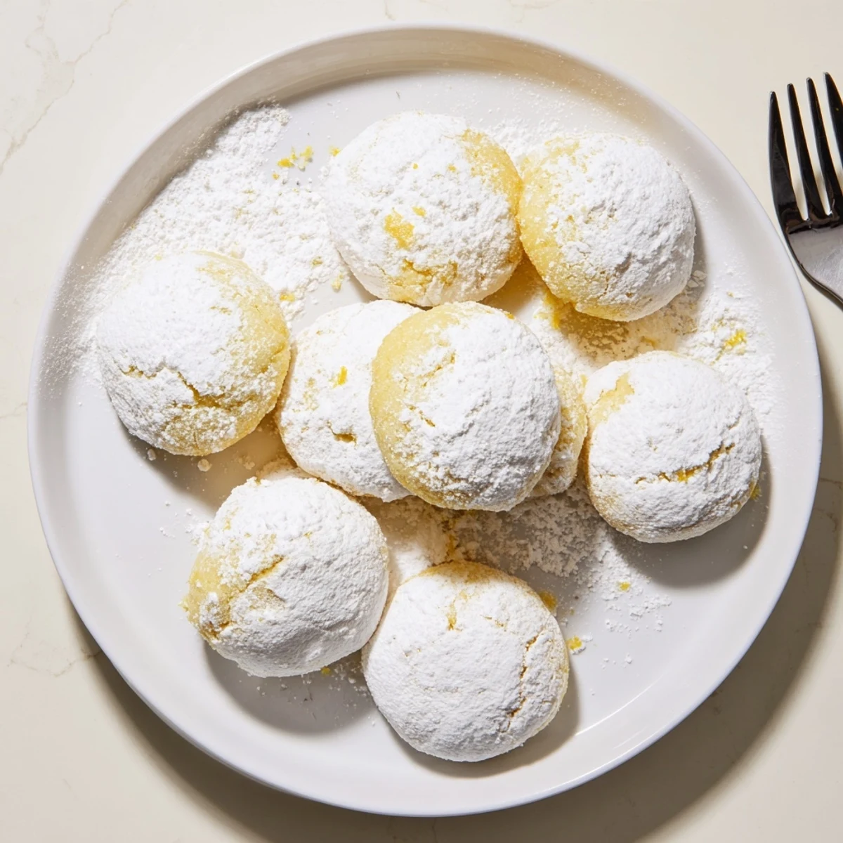 Golden lemon pixie cookies sprinkled with powdered sugar on a wooden serving board