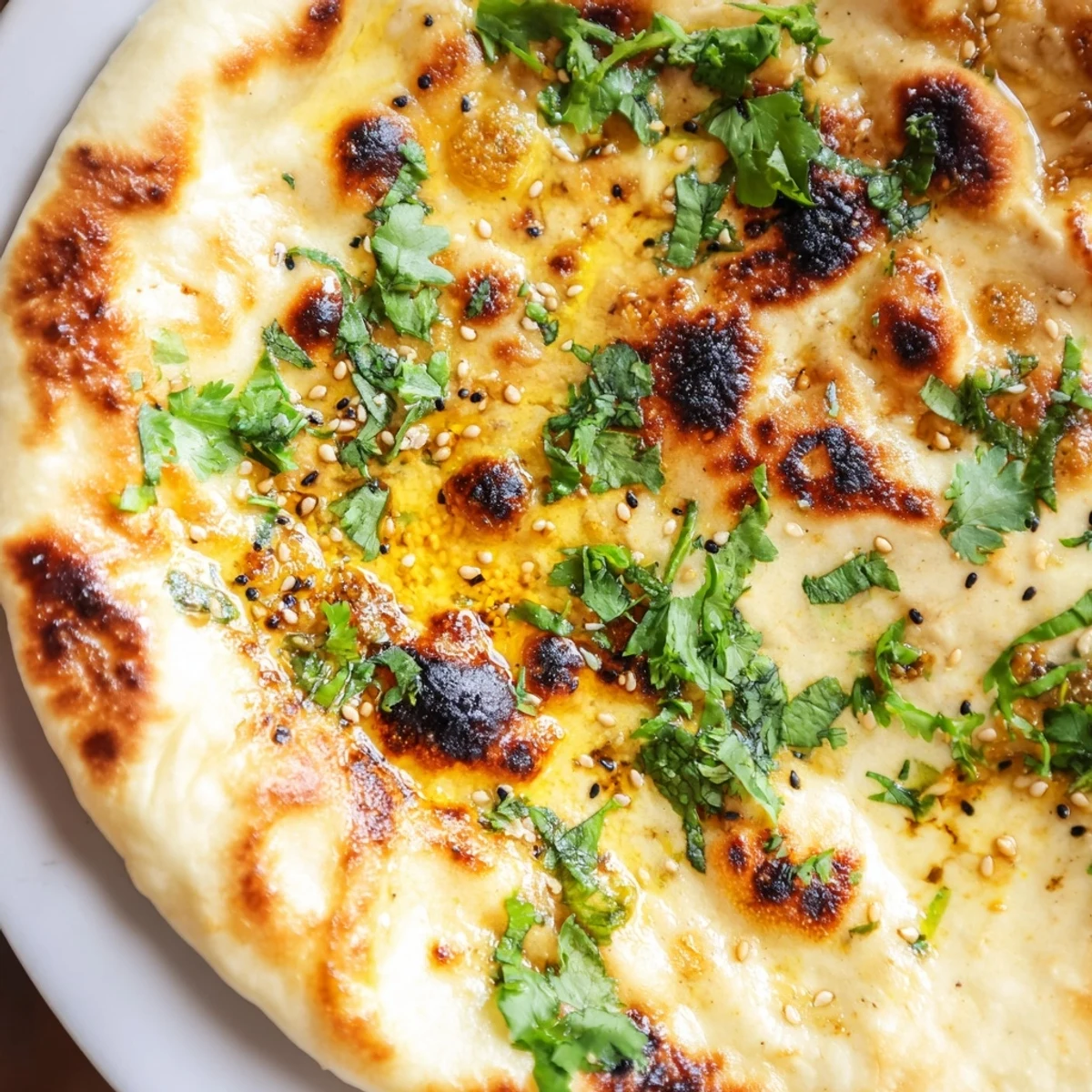 Golden brown sourdough discard soft naan brushed with melted butter and fresh herbs