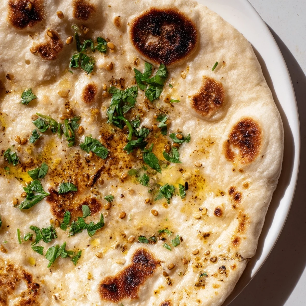 Pillowy Indian-style sourdough naan bread with charred bubbles perfect for dipping