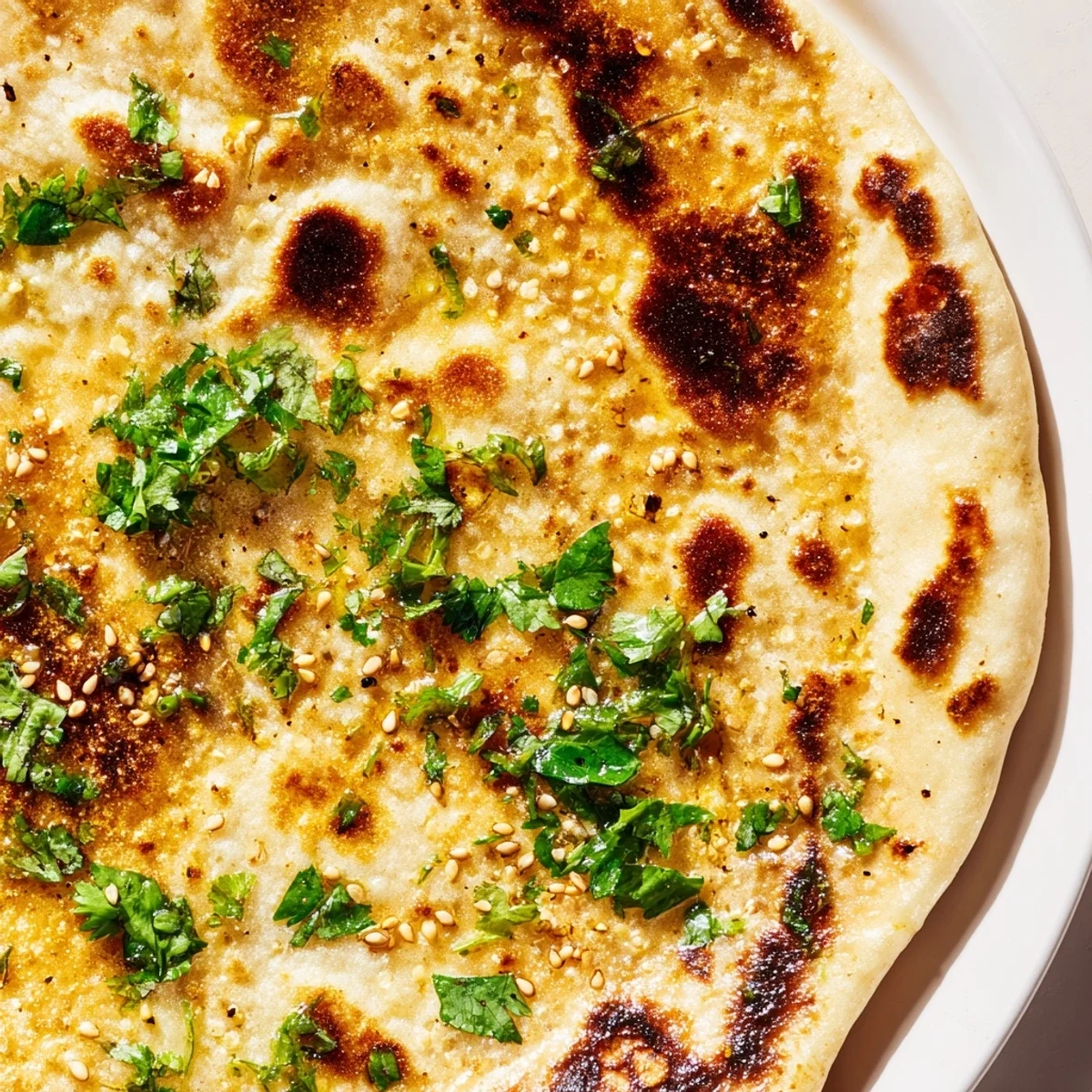 Stack of warm sourdough discard naan featuring blistered surface and garlic topping
