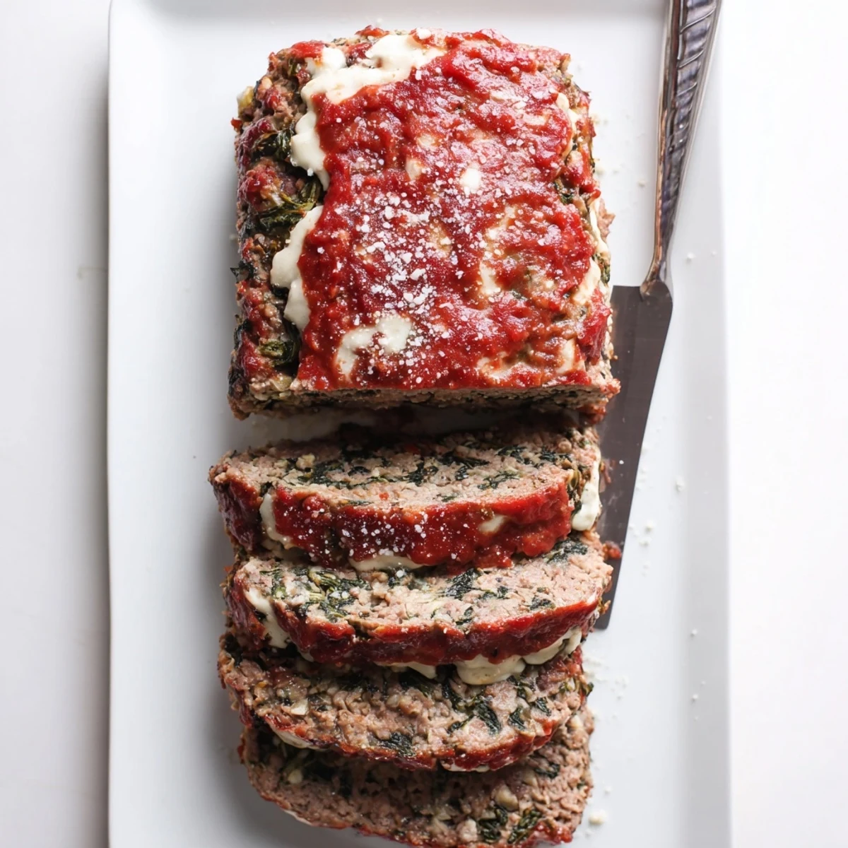 Savory Italian spinach mozzarella meatloaf topped with marinara sauce and garnished with fresh basil