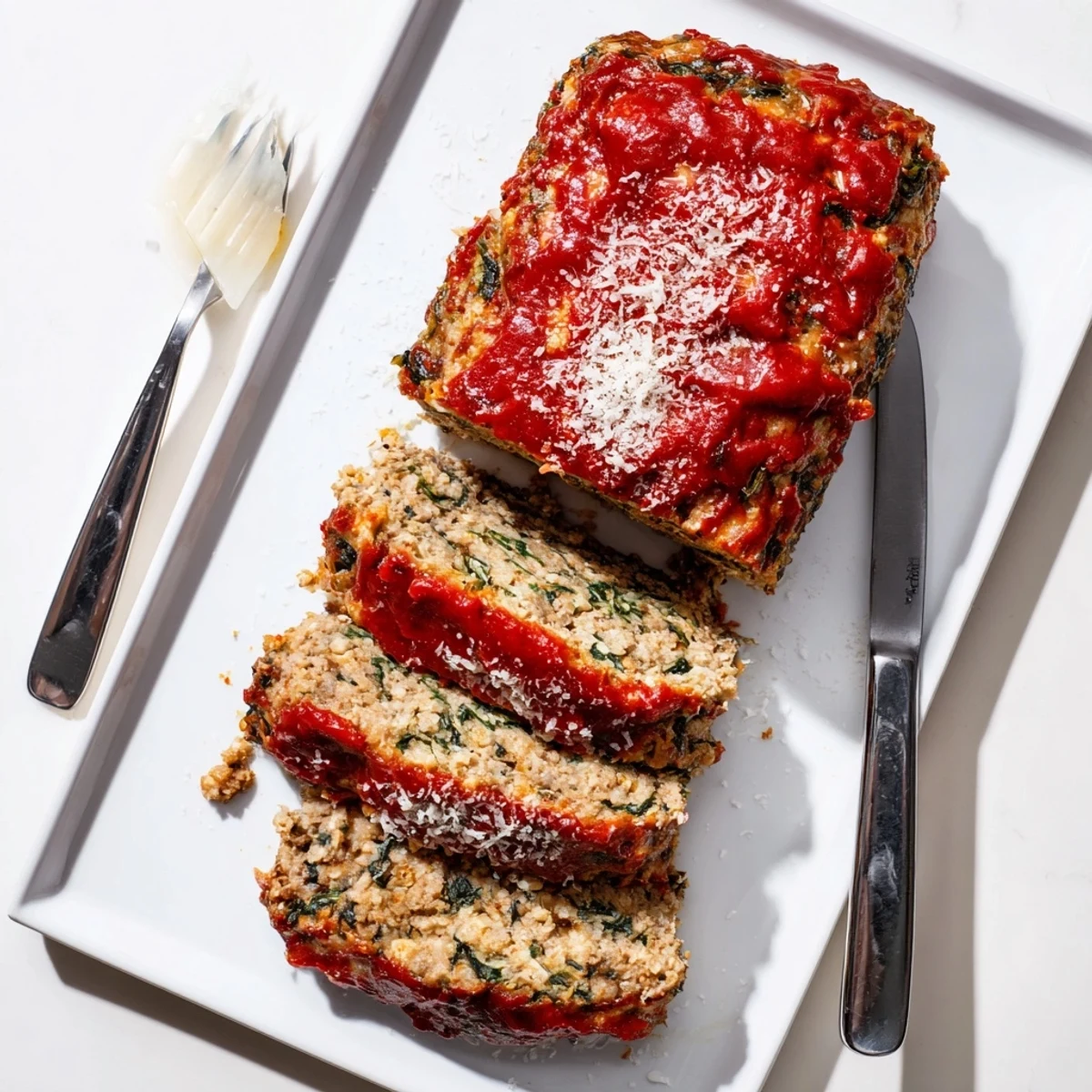 Slices of Italian spinach mozzarella meatloaf served with roasted vegetables on a white dinner plate