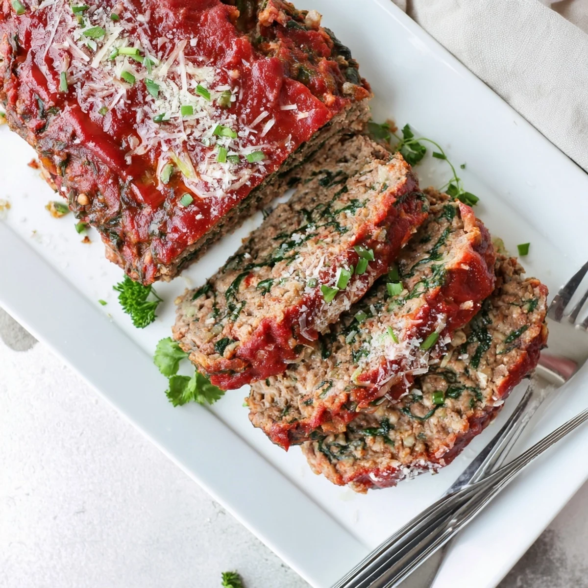 Golden brown Italian spinach mozzarella meatloaf fresh from the oven with melted cheese throughout